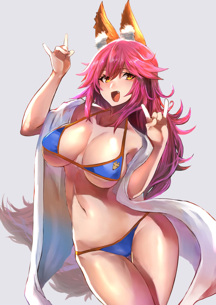 absurdres animal_ear_fluff animal_ears bangs bare_shoulders bikini blue_bikini blush breasts cleavage collarbone commentary_request fang fate/extra fate/grand_order fate_(series) fox_ears fox_shadow_puppet fox_tail fujitsubo_(hujitubo0731) hair_between_eyes hands_up highres hips large_breasts long_hair looking_at_viewer navel open_mouth pink_hair sidelocks simple_background smile solo swimsuit tail tamamo_(fate)_(all) tamamo_no_mae_(swimsuit_lancer)_(fate) thighs towel towel_around_neck yellow_eyes
