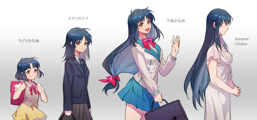 age_progression backpack bag bangs blazer blue_hair bookbag bow bowtie breasts brown_eyes character_name chidori_kaname collared_shirt cowboy_shot dress full_metal_panic! gradient gradient_background grey_background grin hair_ribbon hands_clasped hands_together jacket long_hair long_sleeves looking_at_viewer lorein medium_breasts miniskirt multiple_views neck_ribbon necktie open_mouth own_hands_together parted_bangs pleated_skirt profile randoseru ribbon school_uniform serafuku shirt short_hair short_sleeves simple_background skirt small_breasts smile straight_hair tress_ribbon vest waving white_background white_dress younger