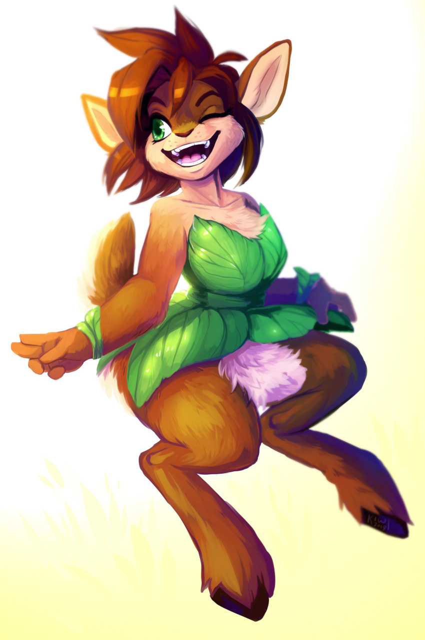 bottomless breasts cervine clothed clothing elora female green_eyes hair invalid_background kiweeroo mammal one_eye_closed open_mouth partially_clothed red_hair satyr solo spyro_the_dragon video_games