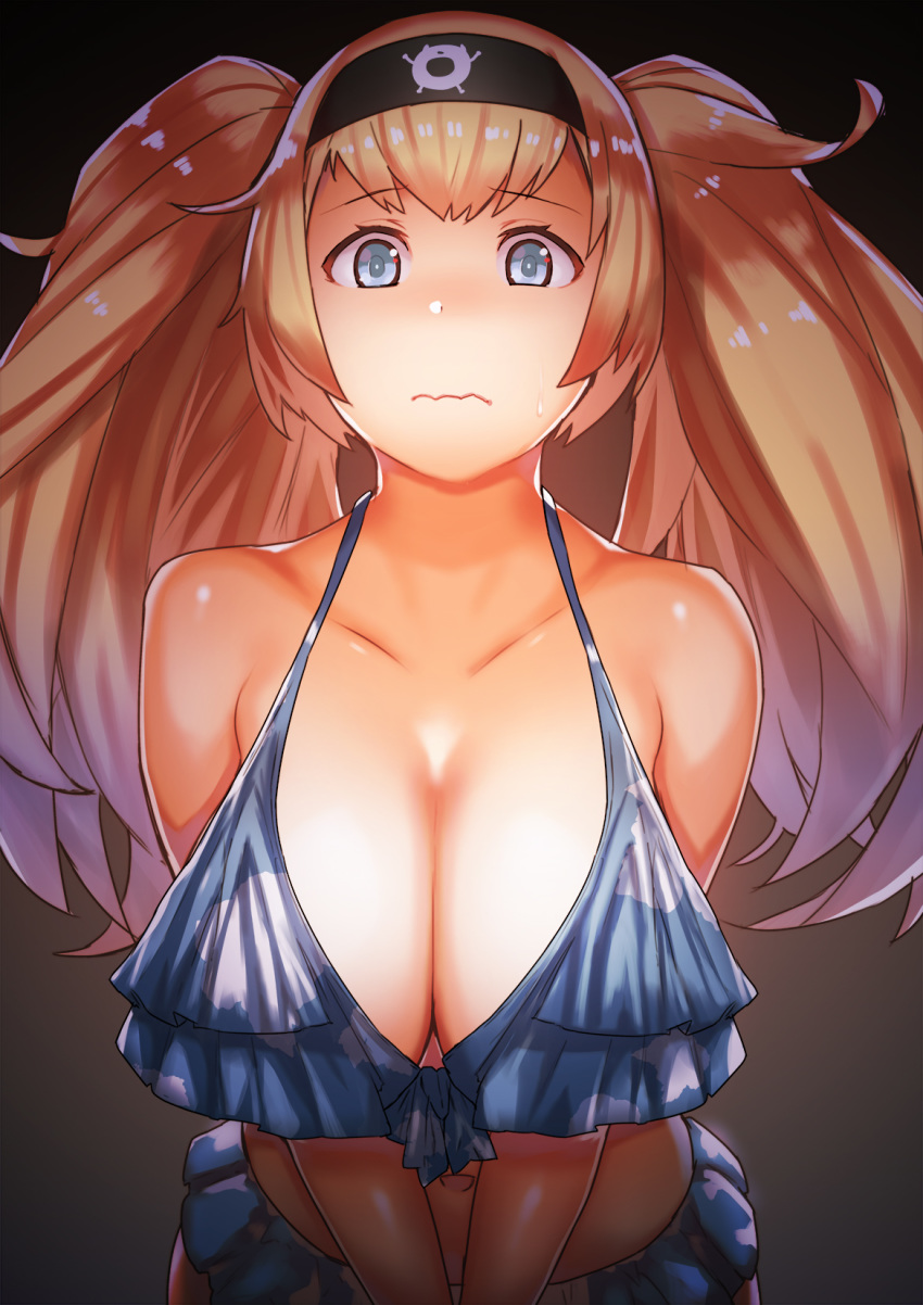 bikini blonde_hair blue_bikini blue_eyes blush breasts cleavage collarbone commentary_request eyebrows_visible_through_hair frilled_bikini frills gambier_bay_(kantai_collection) hair_between_eyes hairband highres jack_hamster kantai_collection large_breasts leaning_forward long_hair open_mouth simple_background solo swimsuit twintails wavy_mouth