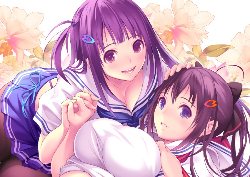 2girls black_hair blush hand_holding interlocked_fingers kagurazaka_ranka kagurazaka_rinka long_hair multiple_girls official_art pink_background purple_hair smile valkyrie_drive valkyrie_drive_-bhikkhuni- yuri