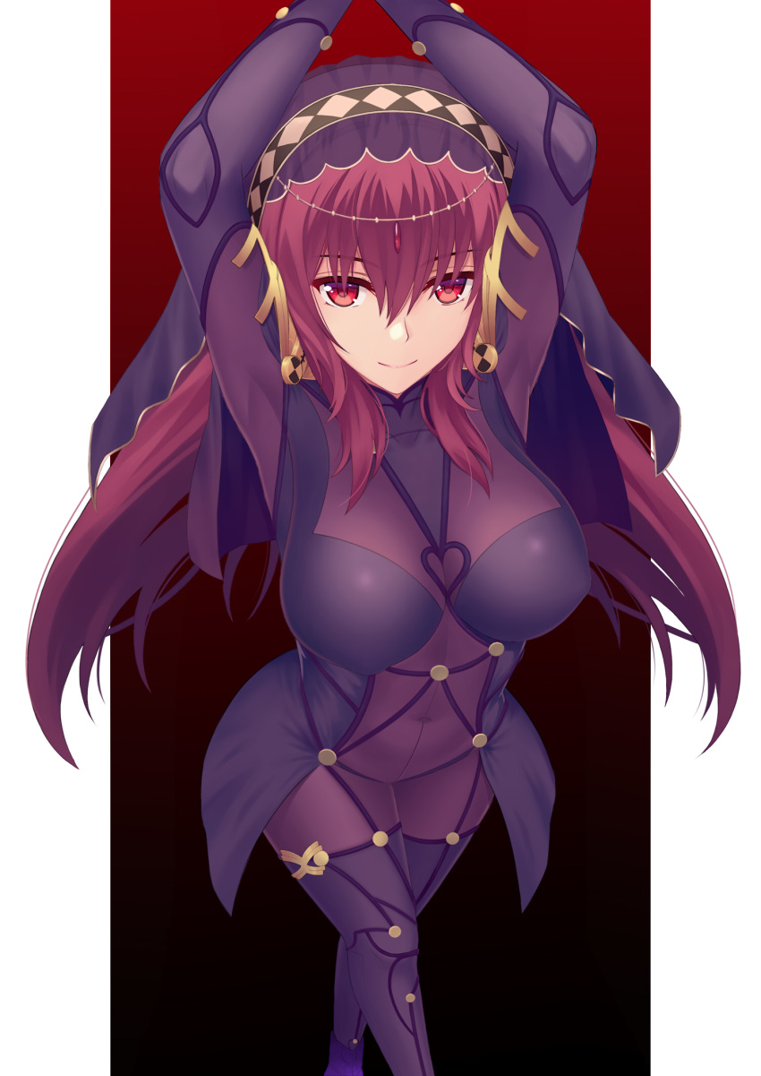 arms_up bangs blush bodysuit breasts covered_navel crossed_legs eyebrows_visible_through_hair fate/grand_order fate_(series) from_above full_body gradient gradient_background highres large_breasts long_hair looking_at_viewer purple_hair red_background red_eyes scathach_(fate)_(all) scathach_(fate/grand_order) sidelocks simple_background smile solo standing veil z1npool