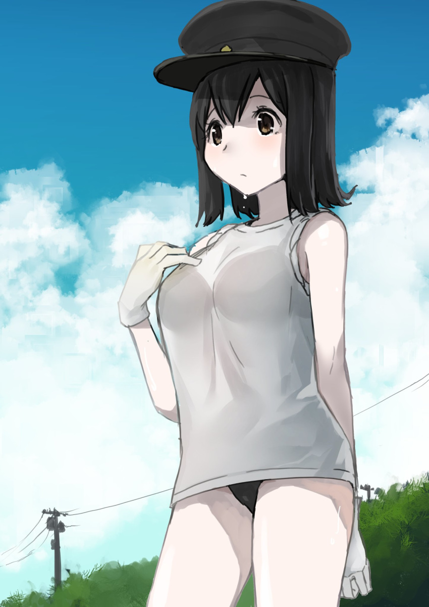 akitsu_maru_(kantai_collection) alternate_costume bikini bikini_under_clothes black_bikini black_hair blue_sky breasts cowboy_shot day gloves grey_eyes hand_on_own_chest hat highres kantai_collection large_breasts masukuza_j outdoors pale_skin peaked_cap see-through shirt short_hair sky sleeves_rolled_up solo swimsuit t-shirt telephone_pole water_drop white_gloves white_shirt