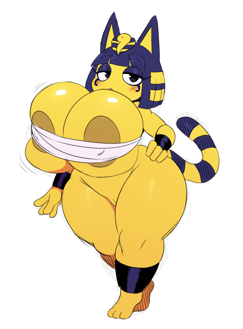 2018 3_toes animal_crossing ankha anthro bandage big_breasts blue_hair blush breasts cat clothed clothing egyptian eyelashes feline female fur hair hi_res huge_breasts jiggle mammal nintendo pussy short_stack simple_background solo sssonic2 thick_thighs toes video_games voluptuous wide_hips yellow_fur