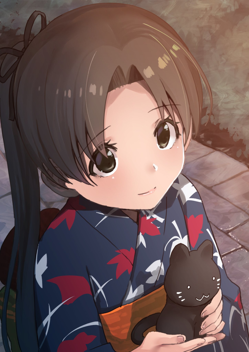 ayanami_(kantai_collection) blue_kimono brown_hair close-up commentary_request eyebrows_visible_through_hair from_above hair_ribbon highres holding holding_stuffed_animal japanese_clothes kantai_collection kimono long_hair looking_up masukuza_j night ponytail ribbon smile solo stuffed_animal stuffed_cat stuffed_toy upper_body very_long_hair yukata