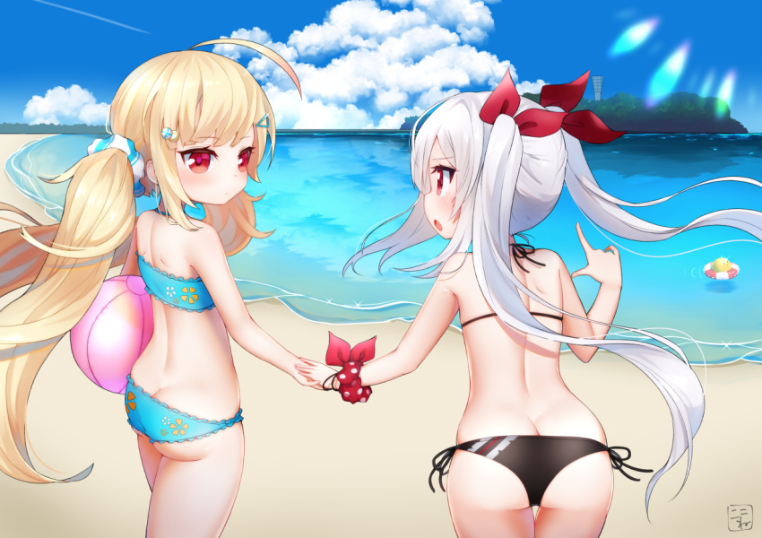 :o ass azur_lane bangs bare_arms bare_shoulders beach bikini black_bikini blonde_hair blue_bikini blue_sky blush butt_crack cloud commentary_request day eldridge_(azur_lane) eyebrows_visible_through_hair from_behind hair_between_eyes hair_ornament hair_ribbon hairclip halter_top halterneck hand_up holding_hands horizon innertube koko_ne_(user_fpm6842) long_hair low_twintails multiple_girls ocean open_mouth outdoors profile red_eyes red_ribbon ribbon sand side-tie_bikini signature silver_hair sky standing swimsuit twintails vampire_(azur_lane) very_long_hair water