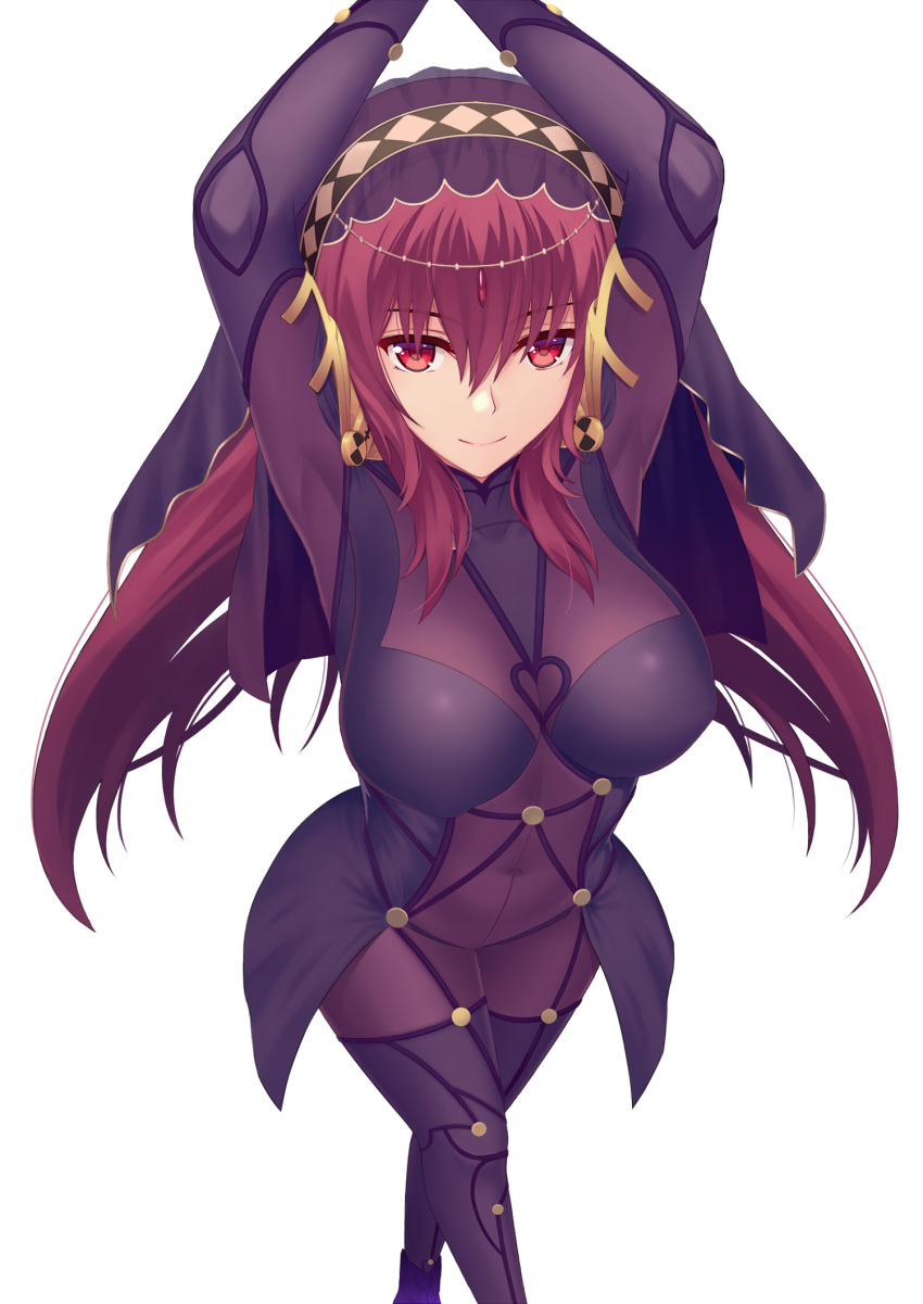 arms_up bad_id bad_pixiv_id bangs blush bodysuit breasts covered_navel crossed_legs eyebrows_visible_through_hair fate/grand_order fate_(series) from_above full_body highres large_breasts long_hair looking_at_viewer purple_hair red_eyes scathach_(fate)_(all) scathach_(fate/grand_order) sidelocks simple_background smile solo standing veil white_background z1npool