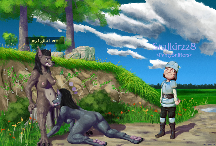 2018 all_fours angry anthro anus armor black_hair blizzard_entertainment blue_eyes boots breasts brown_fur bushes butt canine claws clothed clothing cloud comic cunnilingus detailed_background dialogue digital_media_(artwork) duo english_text female female/female field footwear forest fur grass green_eyes grey_fur hair helmet hi_res human kneeling male mammal me_gusta meme multicolored_fur nipples nude open_mouth oral outside pawpads pussy sex side_boob sitting sky speech_bubble spread_legs spreading standing stone stump tall_lizzard_(artist) teeth text toe_claws tongue tongue_out tree two_tone_fur vaginal video_games warcraft were werewolf wolf worgen