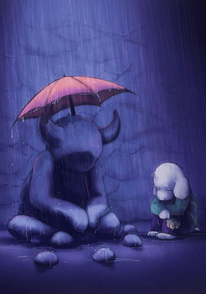 3_toes asriel_dreemurr barefoot boss_monster caprine clothing crying detailed_background eyes_closed featureless_face flower hi_res holding_object horn male mammal pants plant raining sculpture sepphyr sitting statue sweater tears toes umbrella undertale video_games