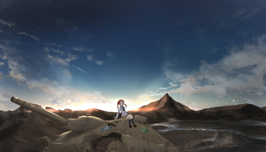 blue_sky caterpillar_tracks cloud cloudy_sky commentary_request day emblem evening girls_und_panzer ground_vehicle huniend jagdpanzer_38(t) kadotani_anzu long_hair military military_vehicle motor_vehicle mountain mountainous_horizon nature ooarai_(emblem) ooarai_school_uniform outdoors river sky smile solo tank tank_destroyer turtle twintails very_wide_shot water