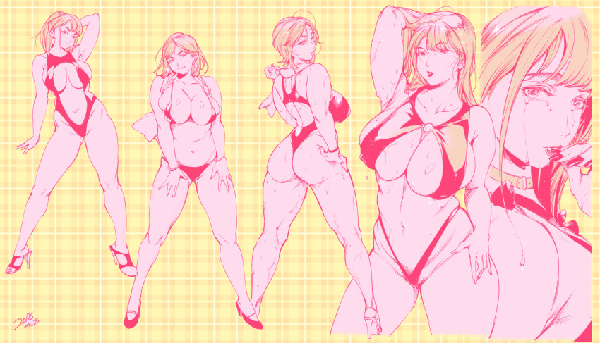 :p ahoge arm_up ass bangs bikini blonde_hair bracelet breasts cleavage collar collarbone commentary_request dated earrings eyebrows_visible_through_hair from_behind hand_in_hair hand_to_own_mouth hands_on_own_thighs high_heels highres huge_breasts jewelry limited_palette long_hair looking_at_viewer mole mole_under_eye multiple_views nail_polish navel navel_cutout o-ring one-piece_swimsuit original orushibu plaid plaid_background plump ponytail short_hair slingshot_swimsuit spread_legs standing sweat swimsuit tears tongue tongue_out wet yellow_background