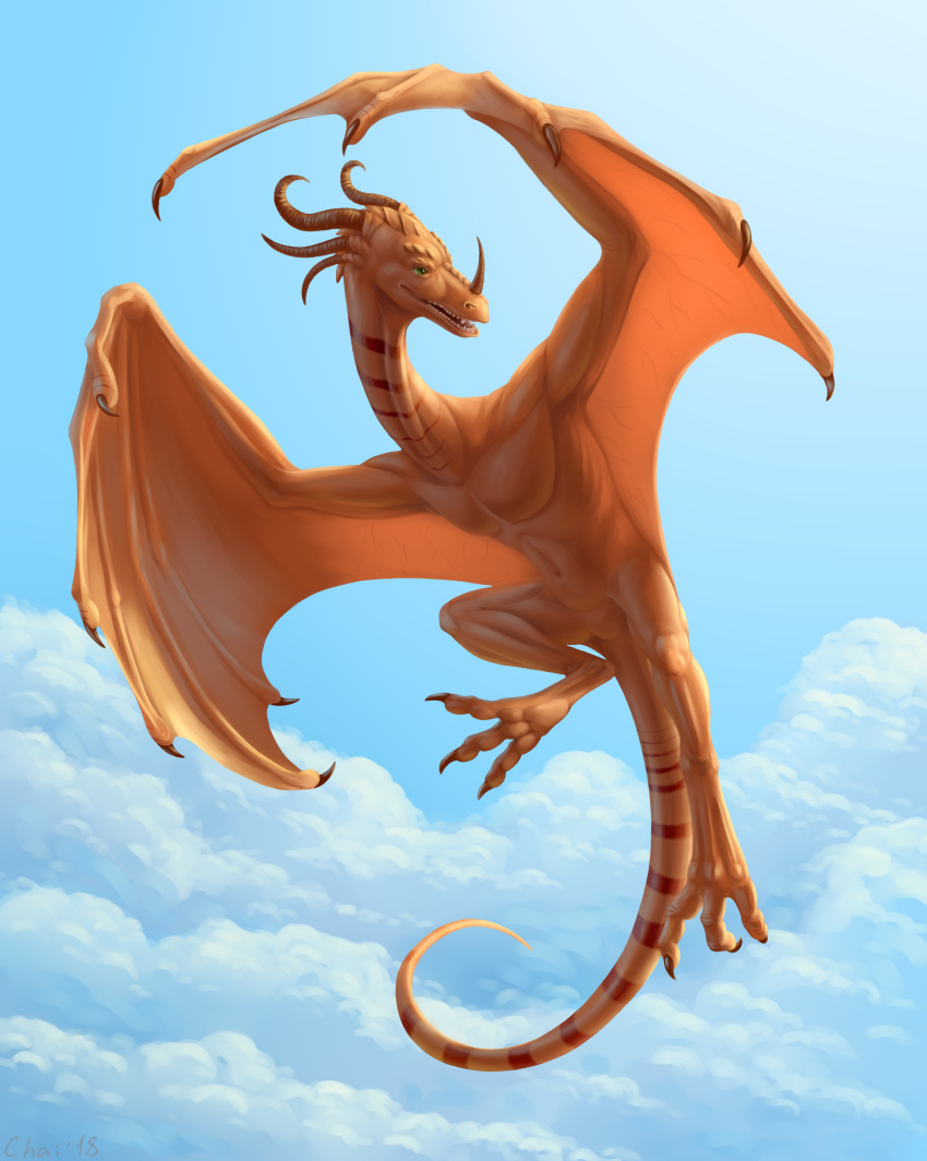 2018 ambiguous_gender chaichai2016 curved_horn detailed_background digital_media_(artwork) dragon feral flying green_eyes hi_res horn membranous_wings sky smile solo wings wyvern