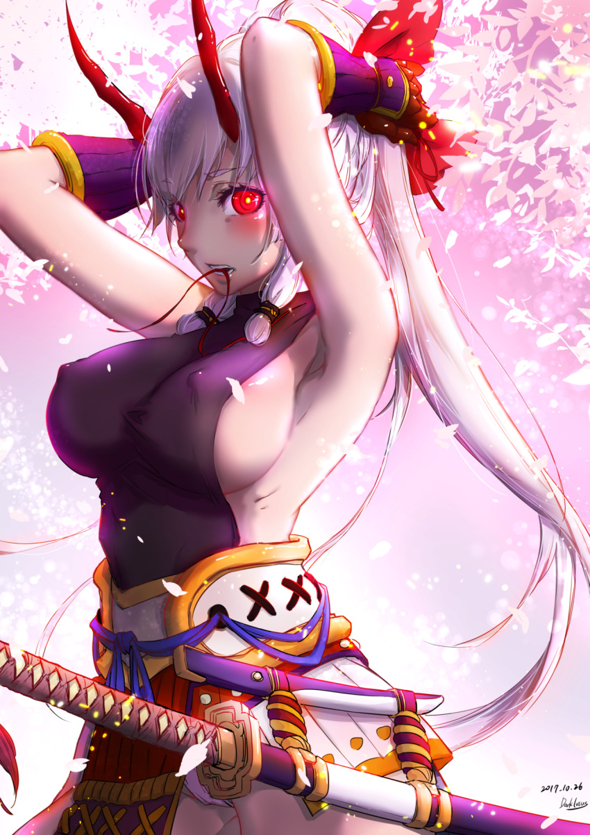 areola_slip areolae armpits bare_shoulders breasts cherry_blossoms commentary contrapposto covered_nipples cowboy_shot dated fate/grand_order fate_(series) gloves highres horns katana large_breasts long_hair looking_at_viewer mouth_hold panties ponytail red_eyes sideboob signature solo sword tomoe_gozen_(fate/grand_order) tying_hair underwear weapon white_hair white_panties yoruhasu_gekkei