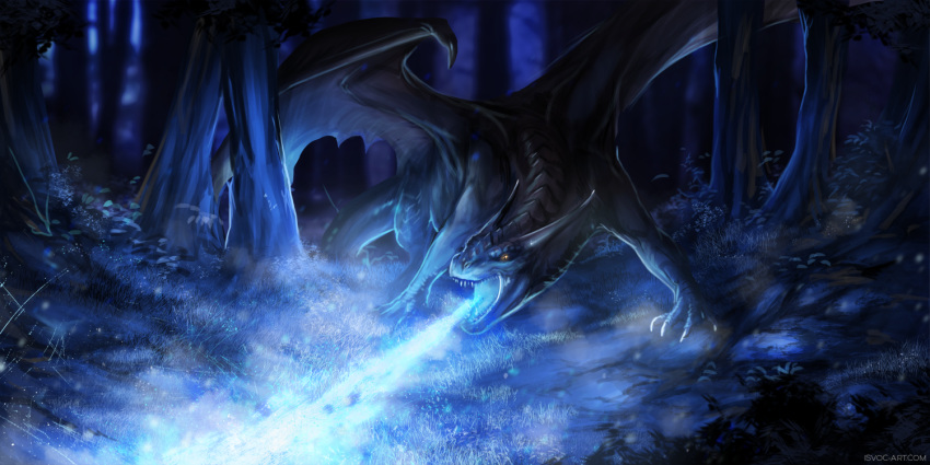 2018 ambiguous_gender blue_theme claws detailed_background digital_media_(artwork) dragon feral fire forest grass horn isvoc membranous_wings open_mouth scalie solo standing teeth tongue tree western_dragon wings