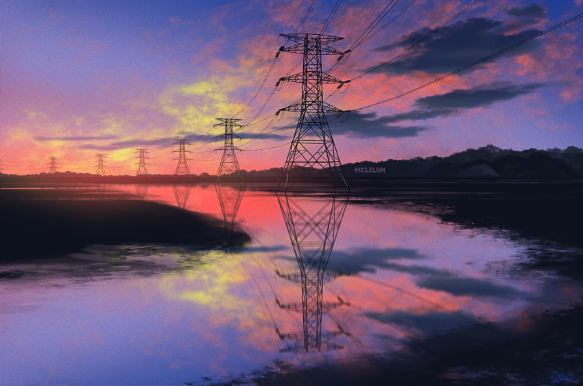 blender_(medium) blue_sky commentary english_commentary highres making_of mclelun no_humans original outdoors photoshop_(medium) power_lines purple_sky reflection river scenery signature sky sunset transmission_tower twilight