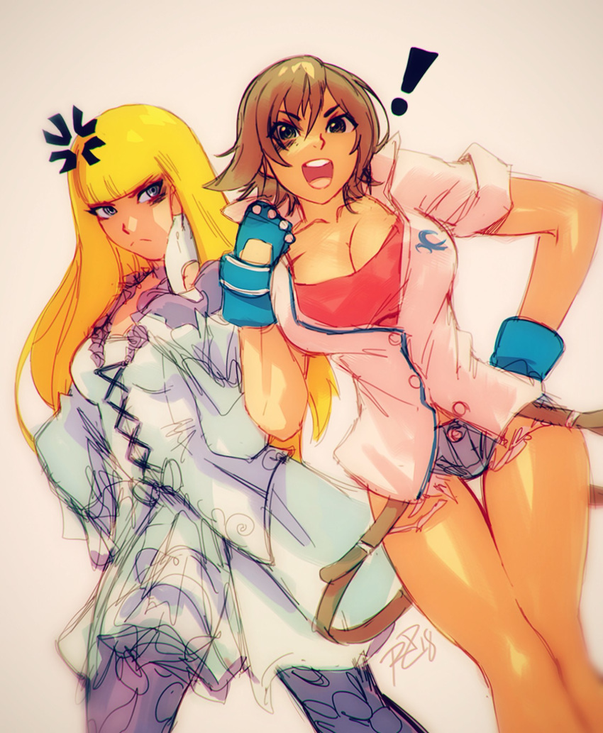 2girls anger_vein bangs black_eye blue_gloves breasts brown_hair bruise cleavage commentary cutoffs dress english_commentary fingerless_gloves gloves highres hime_cut injury kazama_asuka large_breasts lili_(tekken) multiple_girls pantyhose robert_porter short_shorts shorts simple_background sketch small_breasts suspenders suspenders_slip tekken tekken_7 white_dress white_gloves