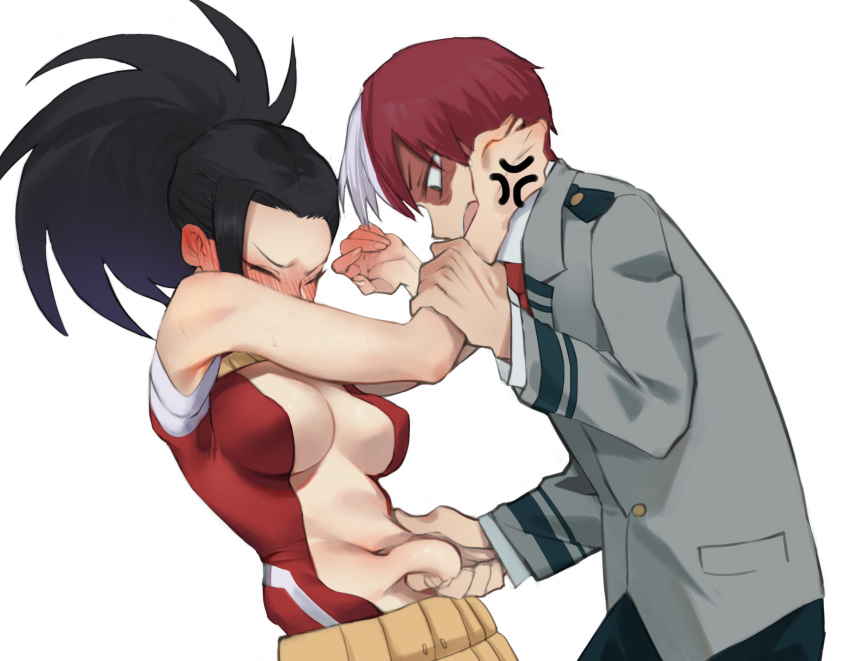 1girl 981519 anger_vein angry arm_grab armpits bare_arms bare_shoulders belly belly_grab belt beltskirt black_hair black_pants blazer blush boku_no_hero_academia breasts breasts_apart buttons center_opening clenched_hand closed_eyes covered_mouth ear_blush embarrassed from_side grey_jacket hands_up high_ponytail highres impossible_clothes impossible_leotard jacket leotard long_sleeves looking_down medium_breasts medium_hair multicolored_hair navel necktie pants pocket profile red_hair red_leotard red_neckwear restrained school_uniform shirt simple_background stomach strap sweat todoroki_shouto two-tone_hair u.a._school_uniform upper_body v-shaped_eyebrows white_background white_hair white_shirt wide_ponytail wince yaoyorozu_momo