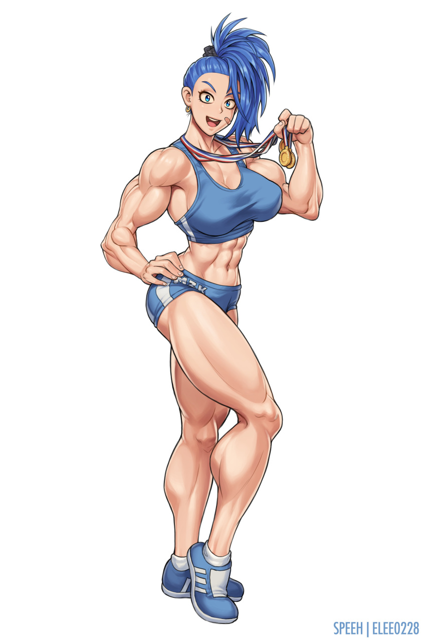 :d abs absurdres artist_name bandaid_on_cheek biceps blue_eyes blue_hair breasts captain_mizuki cleavage collaboration earrings elee0228 full_body hair_ornament hair_scrunchie hand_on_hip highres hoop_earrings jewelry large_breasts long_hair looking_at_viewer medal muscle muscular_female navel one-punch_man open_mouth ponytail scrunchie shoes shorts simple_background smile sneakers socks solo speh sports_bra standing thick_thighs thighs white_background