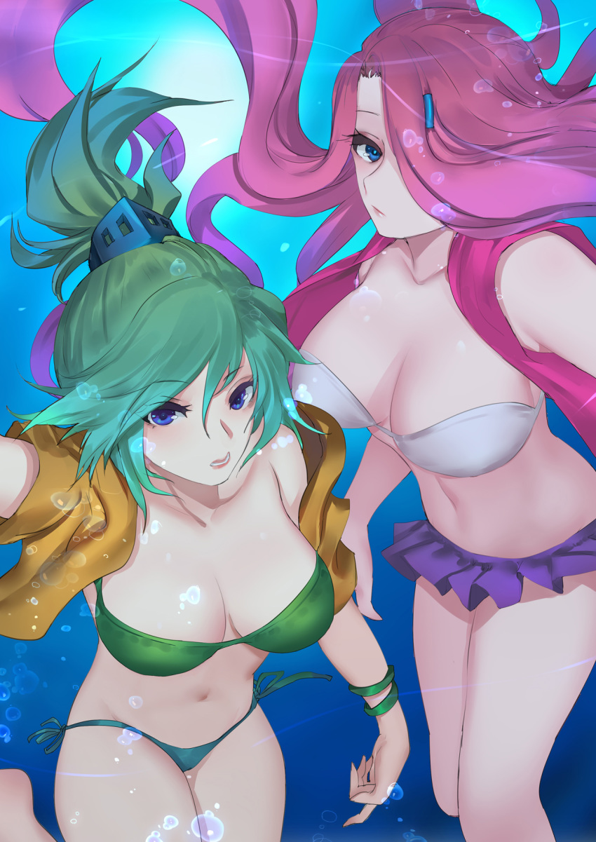 arcade_miss_fortune arcade_riven blue_eyes breasts bubble cleavage green_hair hair_ornament hair_over_one_eye highres large_breasts league_of_legends looking_at_viewer miniskirt multiple_girls navel open_clothes open_mouth pd_(pdpdlv1) pink_hair pleated_skirt riven_(league_of_legends) sarah_fortune skirt tied_hair underwater water