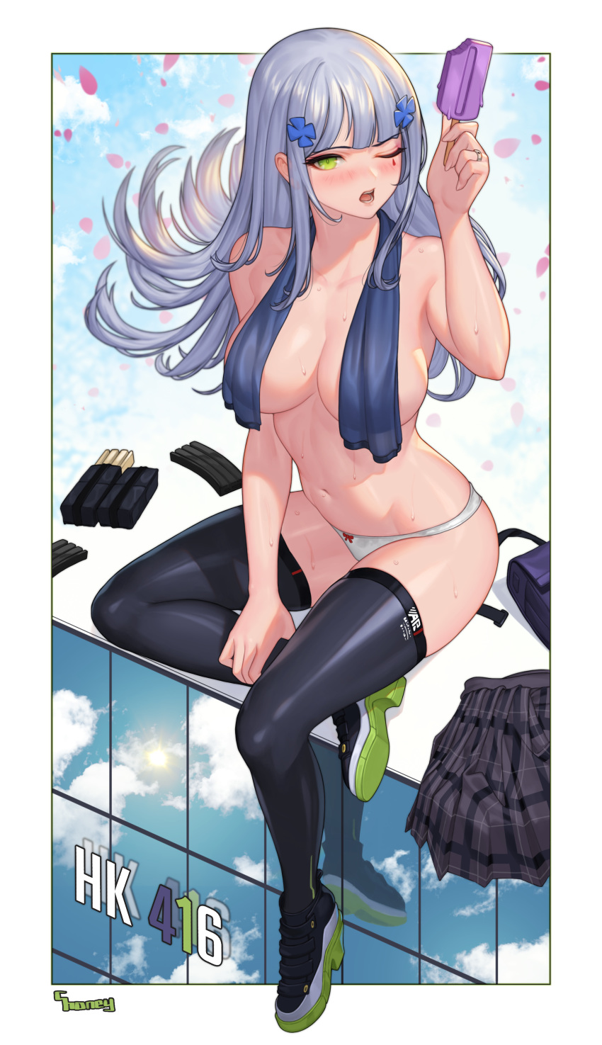 absurdres ammunition bangs black_legwear blue_towel blunt_bangs boots bow bow_panties breasts character_name choney collarbone commentary_request convenient_censoring eyebrows_visible_through_hair facial_mark food girls_frontline green_eyes grey_skirt hair_ornament highres hk416_(girls_frontline) jewelry large_breasts long_sleeves navel one_eye_closed open_mouth panties petals plaid plaid_skirt popsicle red_bow ring scar shoes sidelocks silver_hair skirt skirt_removed sweat tattoo thighhighs towel towel_around_neck underwear underwear_only weapon wedding_band white_panties