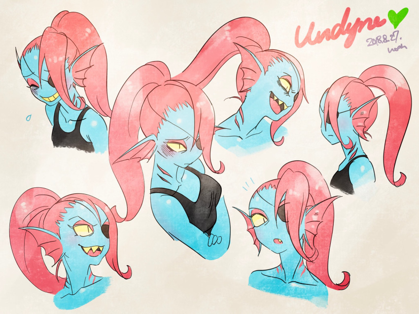 anthro blue_skin clothing eye_patch eyewear fish gills grin hair long_hair marine multiple_angles noaharbre ponytail portrait red_hair shirt smile tank_top teeth undertale undyne video_games