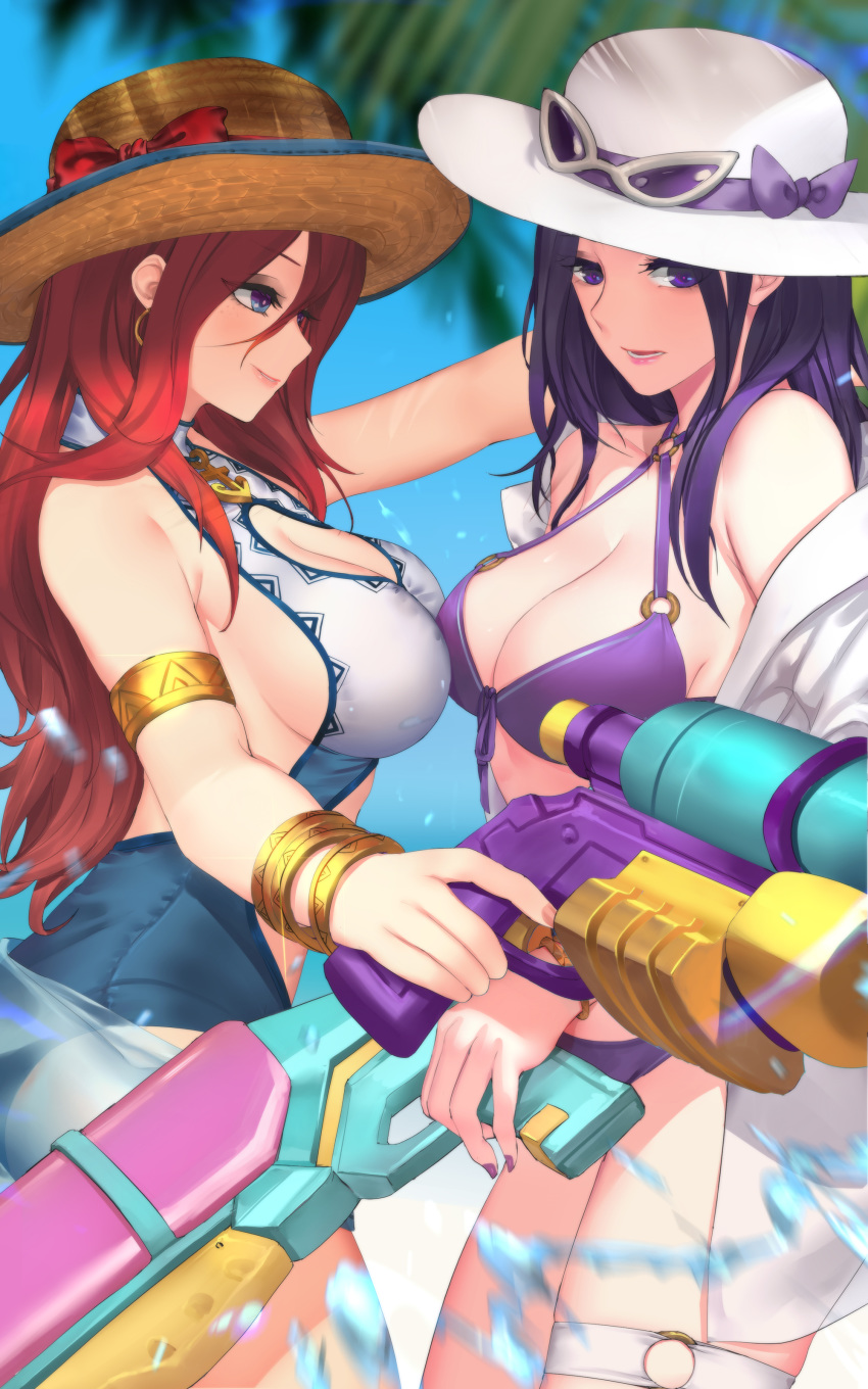 absurdres armlet bangs bikini blurry bow breasts caitlyn_(league_of_legends) cleavage criss-cross_halter day depth_of_field eyelashes eyes_visible_through_hair front-tie_bikini front-tie_top half-closed_eyes halterneck hat highres large_breasts league_of_legends lips medium_breasts medium_hair multiple_girls navel o-ring o-ring_bikini o-ring_top off_shoulder open_clothes open_mouth open_shirt outdoors pd_(pdpdlv1) pool_party_caitlyn pool_party_miss_fortune purple_bikini purple_eyes purple_hair red_bow red_hair sarah_fortune shirt sideboob sidelocks smile straw_hat sunglasses swimsuit water water_gun wet wet_clothes wet_shirt