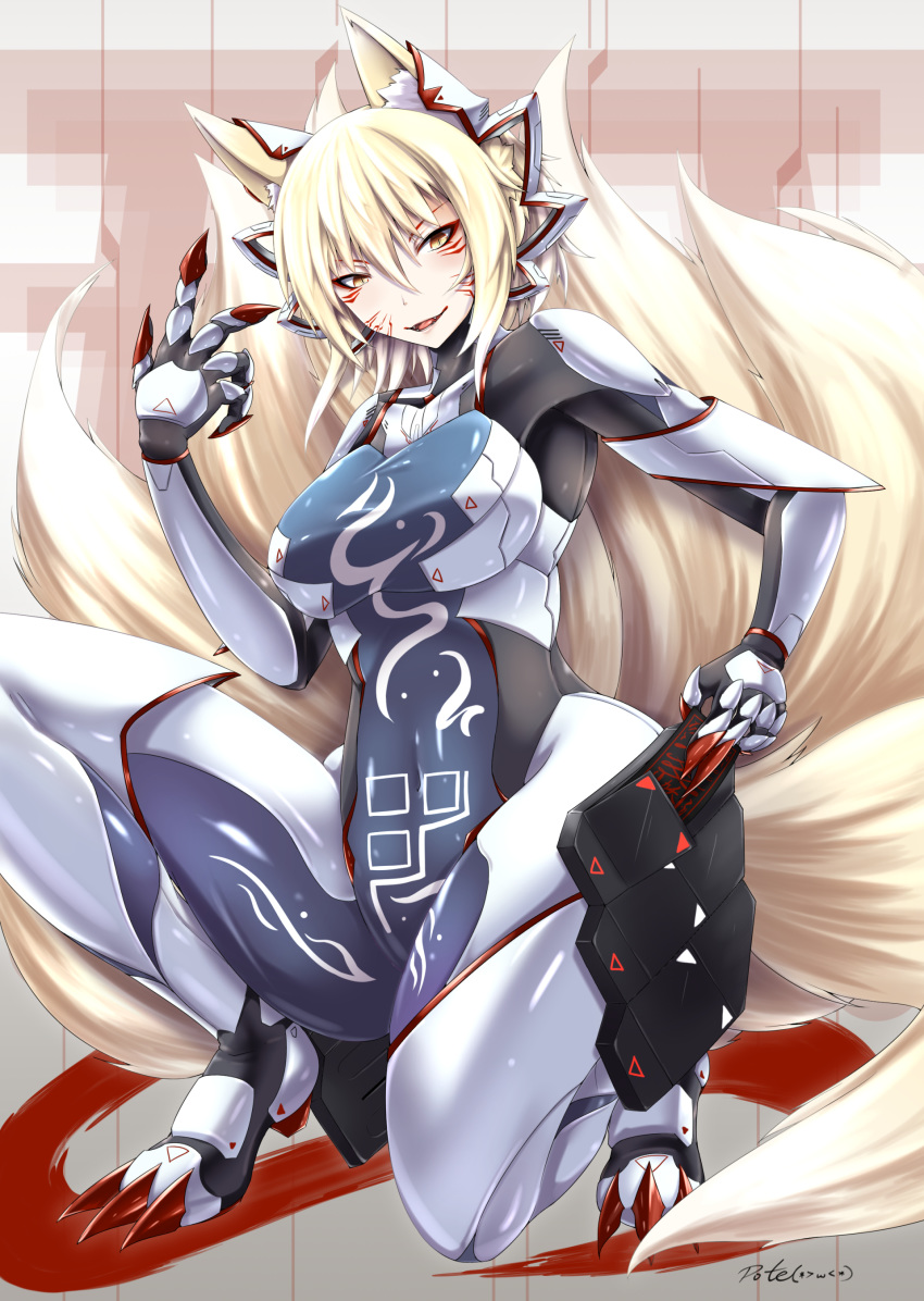 absurdres animal_ears blonde_hair bodysuit breasts commentary_request covered_navel fox_ears fox_tail highres impossible_clothes inyuppo kyuubi large_breasts looking_at_viewer multiple_tails no_hat no_headwear shiny shiny_clothes short_hair skin_tight solo tail touhou yakumo_ran yellow_eyes