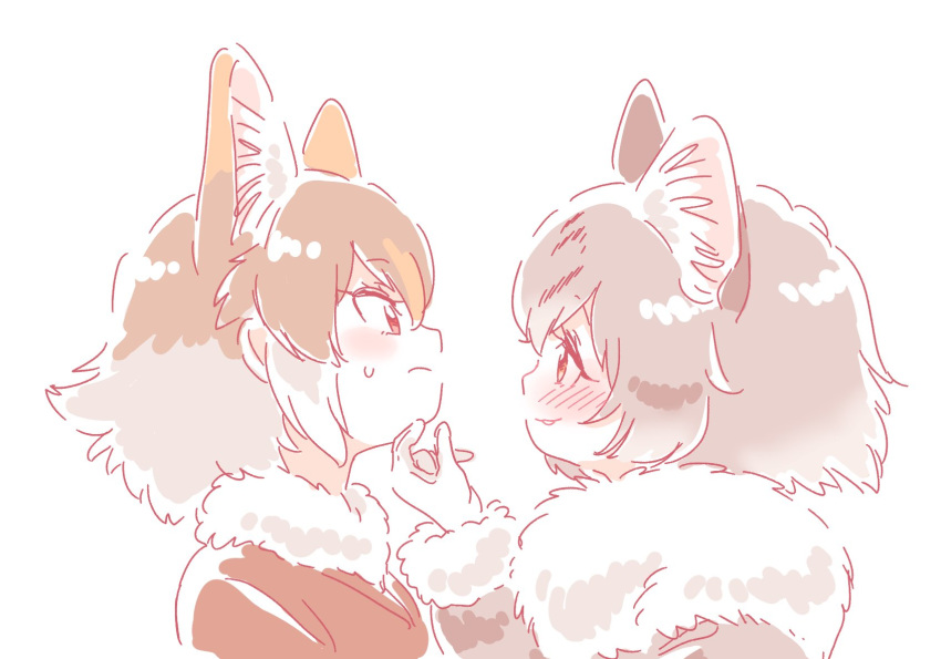 animal_ears blush borrowed_character cat_ears commentary czechoslovakian_wolfdog_(kemono_friends)_(kitsunetsuki_itsuki) dog_ears eyebrows_visible_through_hair fur_collar fur_trim grey_hair hand_on_another's_chin headshot highres kemono_friends light_brown_hair long_sleeves mitsumoto_jouji multicolored_hair multiple_girls norwegian_forest_cat_(kemono_friends)_(mitsumoto_jouji) original short_hair sweatdrop symbol_commentary white_hair yuri