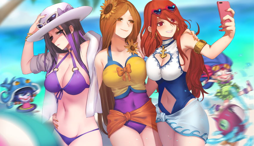 absurdres beach bikini breasts brown_eyes caitlyn_(league_of_legends) cellphone chinese_commentary cleavage cleavage_cutout commentary_request day eyewear_on_head flower hair_flower hair_ornament hat highres large_breasts league_of_legends leona_(league_of_legends) lulu_(league_of_legends) multiple_girls navel_cutout one-piece_swimsuit orange_hair palm_tree pd_(pdpdlv1) phone pool_party_caitlyn pool_party_leona pool_party_lulu pool_party_miss_fortune pool_party_zoe purple_hair red_eyes red_hair sarah_fortune sarong self_shot sunflower sunflower_hair_ornament sunglasses swimsuit tree yordle zoe_(league_of_legends)