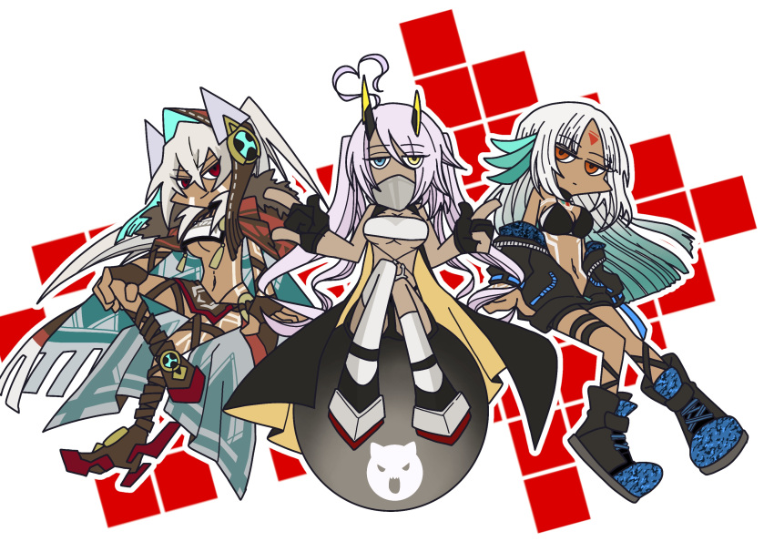 ahoge azur_lane blue_eyes bodypaint bomb boots breasts cape cleavage commentary_request crop_top crop_top_overhang dark_skin facepaint feathers hair_feathers heart_ahoge heterochromia highres hood horns indianapolis_(azur_lane) jacket massachusetts_(azur_lane) midriff minneapolis_(azur_lane) multiple_girls nanashi_(protocol_001) native_american navel nuclear_weapon pink_hair ponytail red_eyes revealing_clothes underboob white_hair yellow_eyes