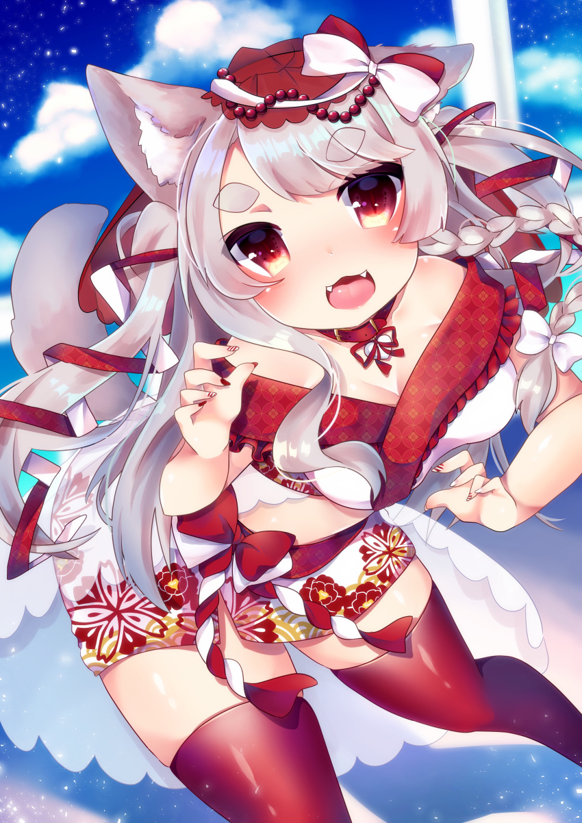 :d absurdres animal_ears azur_lane bangs bare_shoulders blue_sky bow braid chiitamu cloud commentary_request day dutch_angle eyebrows_visible_through_hair fangs fingernails floral_print hair_bow hair_ribbon highres leaning_forward long_hair multicolored multicolored_nails nail_art nail_polish off_shoulder open_mouth outdoors print_skirt red_eyes red_legwear red_nails red_ribbon ribbon see-through short_eyebrows side_braid silver_hair single_braid skirt sky smile solo tail tail_raised thick_eyebrows thighhighs two_side_up very_long_hair white_bow white_skirt wolf_ears wolf_girl wolf_tail yuudachi_(azur_lane)
