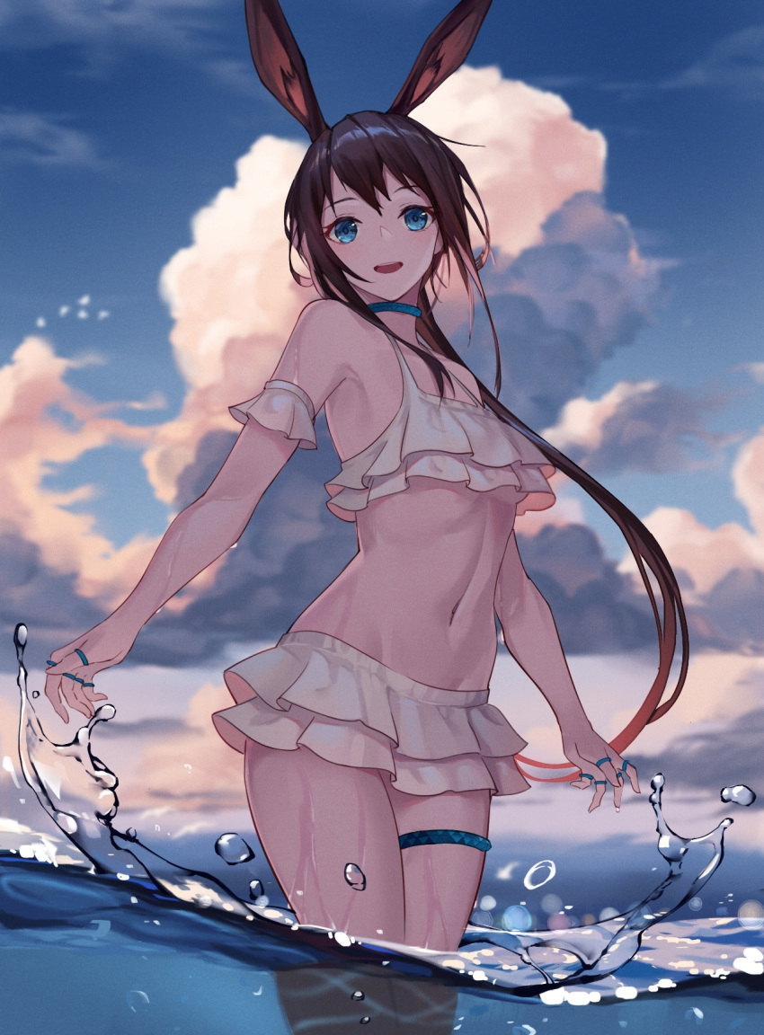 1girl :d amiya_(arknights) animal_ears arknights arm_cuffs bangs bankongping bare_shoulders bikini bikini_skirt blue_eyes blue_sky brown_hair bunny_ears chinese_commentary cloud commentary_request cowboy_shot day highres jewelry long_hair looking_at_viewer miniskirt navel neck_ring open_mouth outdoors partial_commentary skirt sky smile solo standing stomach swimsuit thighlet thighs very_long_hair wading water water_drop white_bikini white_skirt