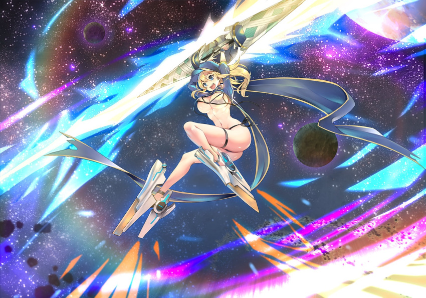 ahoge arms_up artoria_pendragon_(all) ass bangs baseball_cap bikini blonde_hair blue_eyes blue_hat blue_scarf blush boots breasts cleavage commentary fate/grand_order fate_(series) hair_between_eyes hat high_heel_boots high_heels hips lance large_breasts legs long_hair metal_boots mysterious_heroine_xx_(foreigner) navel open_mouth planet polearm ponytail scarf shrug_(clothing) side-tie_bikini smile solo space star_(sky) swimsuit teddy_(khanshin) thigh_strap thighs twinmyniad untied_bikini_top wardrobe_malfunction weapon white_bikini