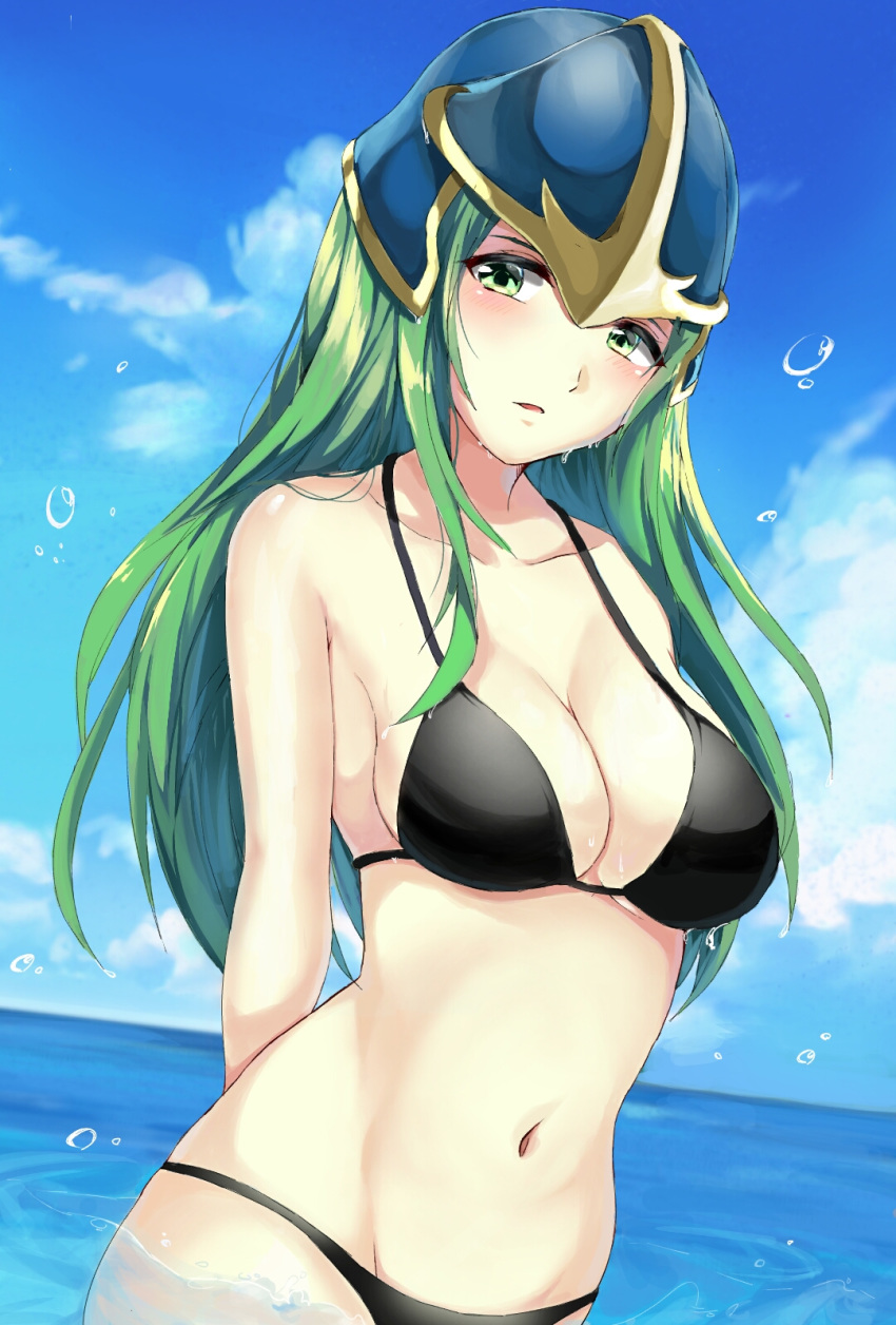 aone_hiiro arms_behind_back bikini black_bikini blue_sky breasts cleavage cloud commentary_request day fire_emblem fire_emblem:_souen_no_kiseki gold_trim green_eyes green_hair helmet highres horizon long_hair medium_breasts navel nephenee ocean outdoors parted_lips sky solo stomach swimsuit water