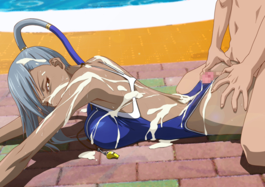 1girl arms_up ass ass_grab back bare_arms bare_shoulders blue_swimsuit breast_press breasts buttjob censored clothed_female_nude_male code_geass cum cum_on_body cum_on_breasts cum_on_clothes cum_on_hair cum_on_upper_body dark_skin facial floor grey_hair half-closed_eyes highres kneeling kyabakurabakufu large_breasts legs long_hair looking_back lying mosaic_censoring nude on_stomach outdoors penis pool solo_focus sweat swimsuit thighs villetta_nu water whistle yellow_eyes