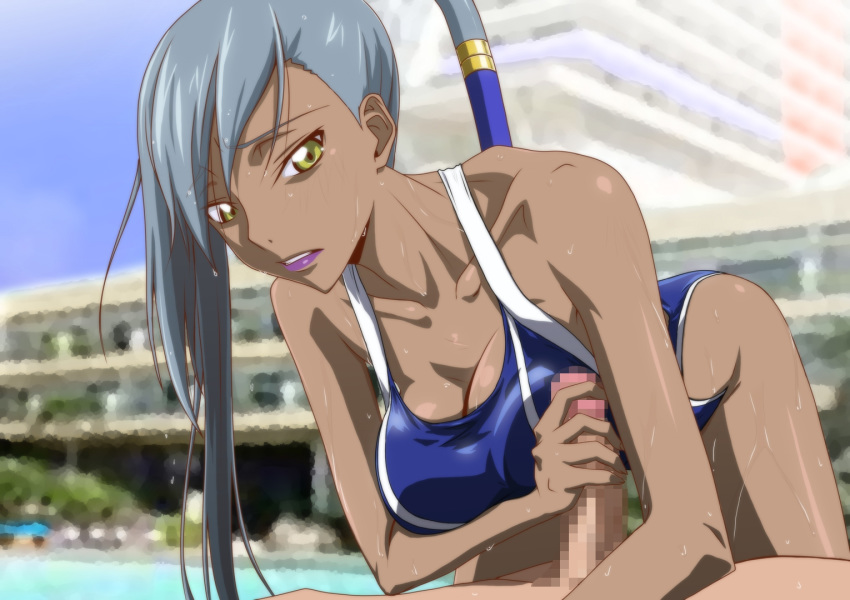 1girl all_fours bare_arms bare_legs bare_shoulders blue_swimsuit breast_squeeze breasts censored cleavage clothed_female_nude_male code_geass dark_skin erection grey_hair handjob highres kyabakurabakufu large_breasts legs lips lipstick long_hair looking_down lying makeup mosaic_censoring nude outdoors parted_lips penis ponytail purple_lips side_ponytail solo_focus sweat swimsuit thighs villetta_nu yellow_eyes