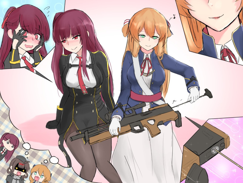 arm_support bangs blood blush breasts brown_hair bullpup cleaning_gun cleaning_weapon closed_mouth dress dsr-50_(girls_frontline) eyebrows_visible_through_hair flying_sweatdrops girls_frontline gloves green_eyes gun hadoukirby hair_between_eyes hands_on_own_face holding holding_weapon humming long_hair m1903_springfield_(girls_frontline) multiple_girls musical_note necktie nose_blush nosebleed pantyhose purple_hair rifle sexually_suggestive skirt smile sniper_rifle thought_bubble wa2000_(girls_frontline) walther walther_wa_2000 weapon white_skirt