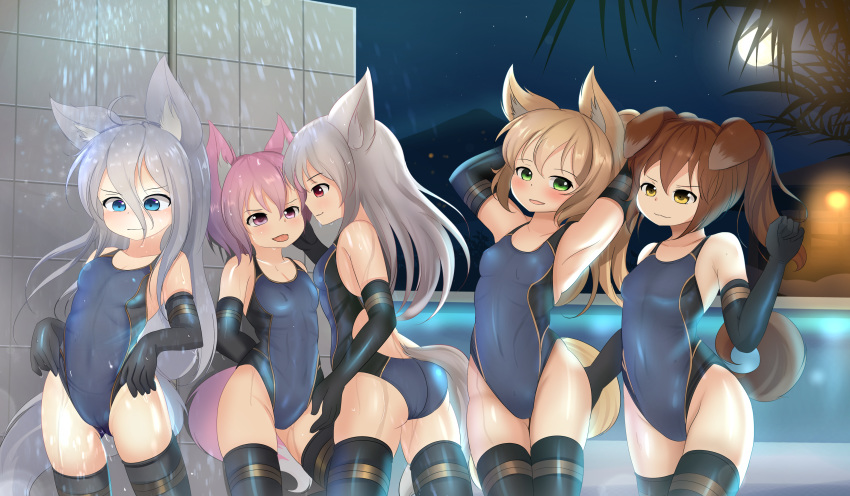 animal_ears blush doggirl elbow_gloves foxgirl gloves group hotel01 original swimsuit thighhighs