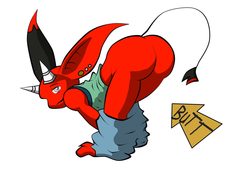 butt clothing demon digital_media_(artwork) imp looking_at_viewer looking_back luoco macro710 male mooning not_furry pointy_ears presenting presenting_hindquarters rear_view red_skin simple_background smile solo