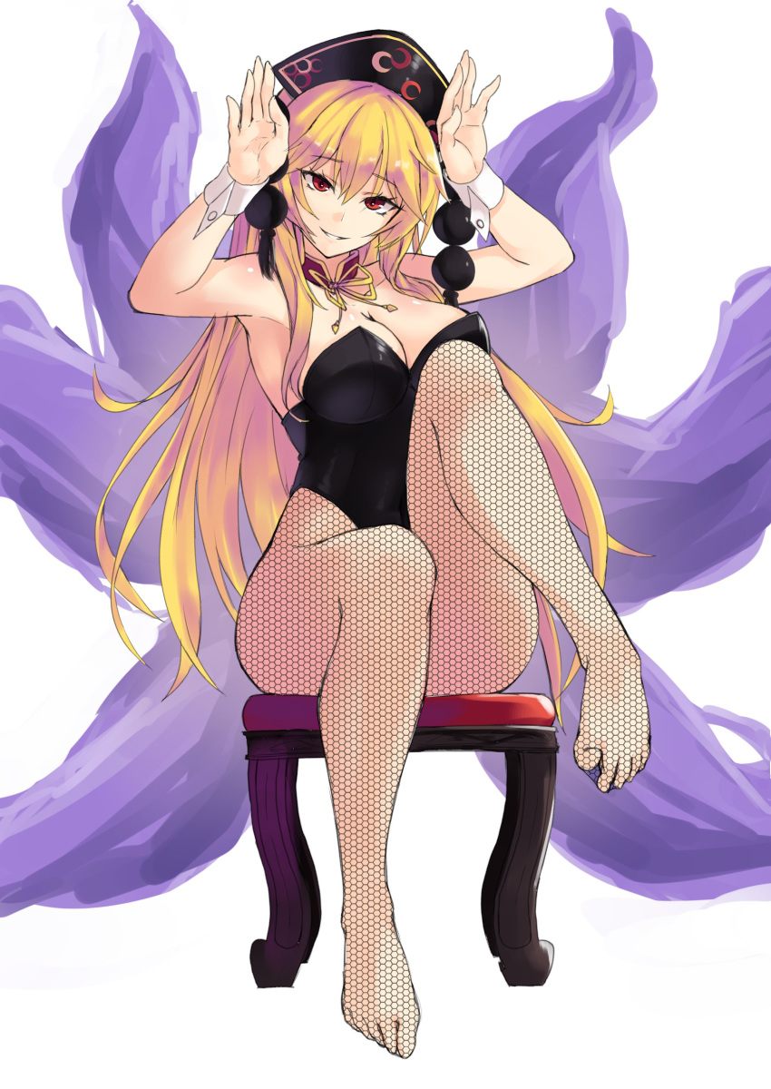 absurdres armpits blonde_hair breasts bunny_pose cleavage commentary_request eyebrows_visible_through_hair feet fishnets hair_between_eyes hat highres iwashi_(nisankatanso) junko_(touhou) long_hair red_eyes sidelocks solo touhou unmoving_pattern very_long_hair white_background wrist_cuffs