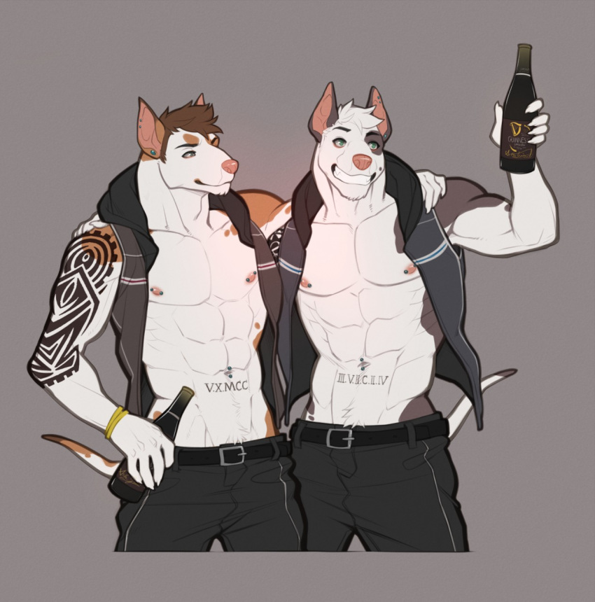 abel_farley_(character) abs alcohol beer beverage brothers bull_terrier cain_farley_(character) canine clothing dog hoodie mammal markings muscular piercing roman_numerals sibling spearfrost tattoo terrier