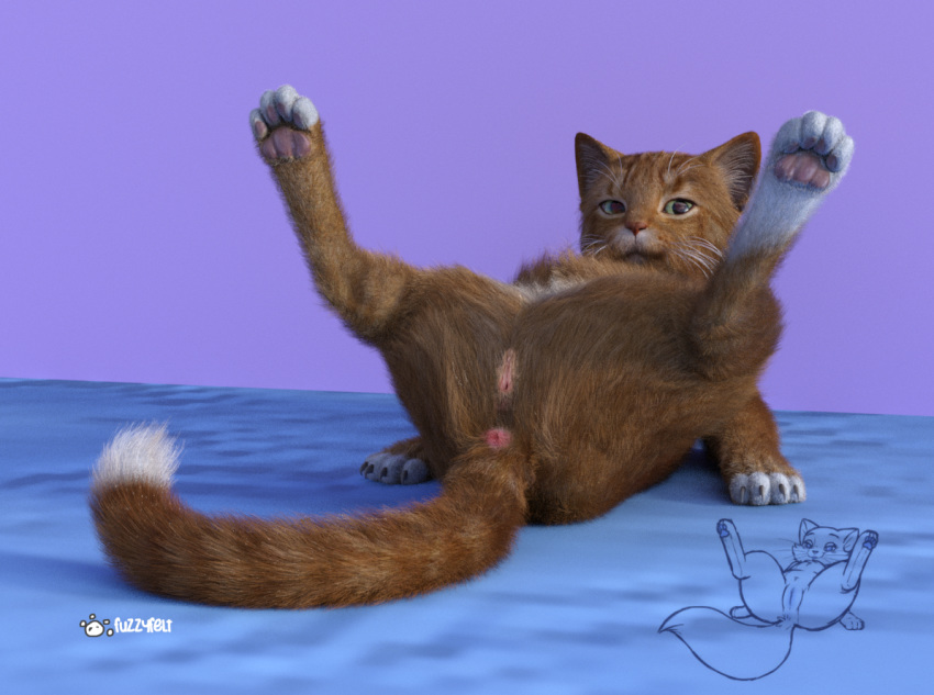 3d_(artwork) anus comparison digital_media_(artwork) domestic_cat felid feline felis female feral fuzzyfelt_(artist) hi_res looking_at_viewer lying mammal nekostar on_back pussy realistic simple_background solo spread_legs spreading