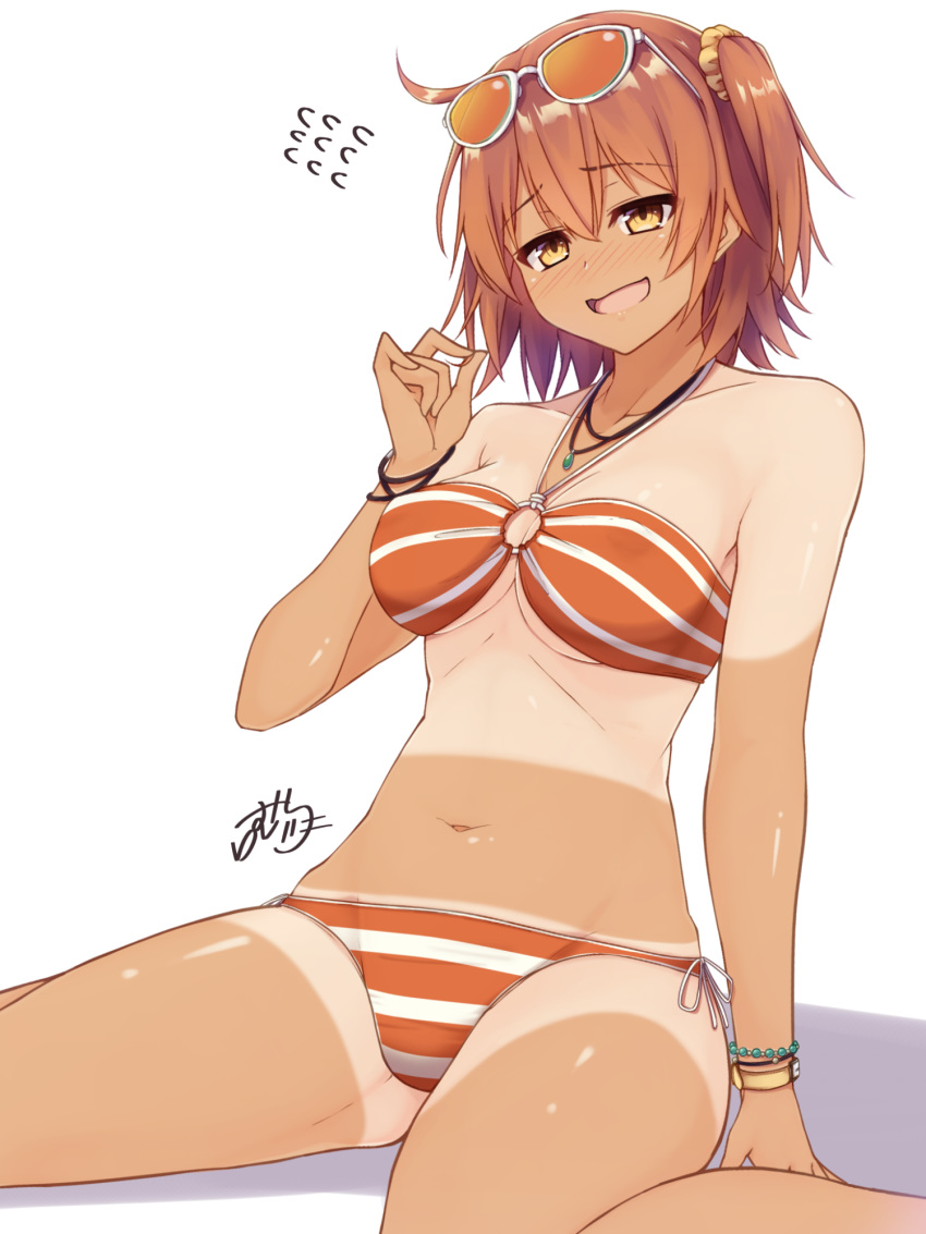 :d ahoge arm_at_side arm_support bangs bead_bracelet beads bikini blush bracelet breasts brilliant_summer cleavage collarbone commentary embarrassed emerald eyebrows_visible_through_hair eyewear_on_head fate/grand_order fate_(series) feet_out_of_frame flying_sweatdrops from_side fujimaru_ritsuka_(female) gem groin_tendon hair_between_eyes hair_ornament hair_scrunchie hair_twirling half-closed_eyes halter_top halterneck hand_up highres hip_bones hips jewelry looking_at_viewer medium_breasts navel necklace nose_blush o-ring o-ring_bikini o-ring_top one_side_up open_mouth orange_bikini orange_hair parted_bangs playing_with_own_hair raised_eyebrows ramchi scrunchie shadow shirt_tan short_hair shorts_tan side-tie_bikini signature simple_background sitting smile solo spread_legs straight_hair striped striped_bikini sunglasses swimsuit tan tanline thighs underboob wariza watch white-framed_eyewear white_background white_bikini wristwatch yellow_eyes yellow_scrunchie