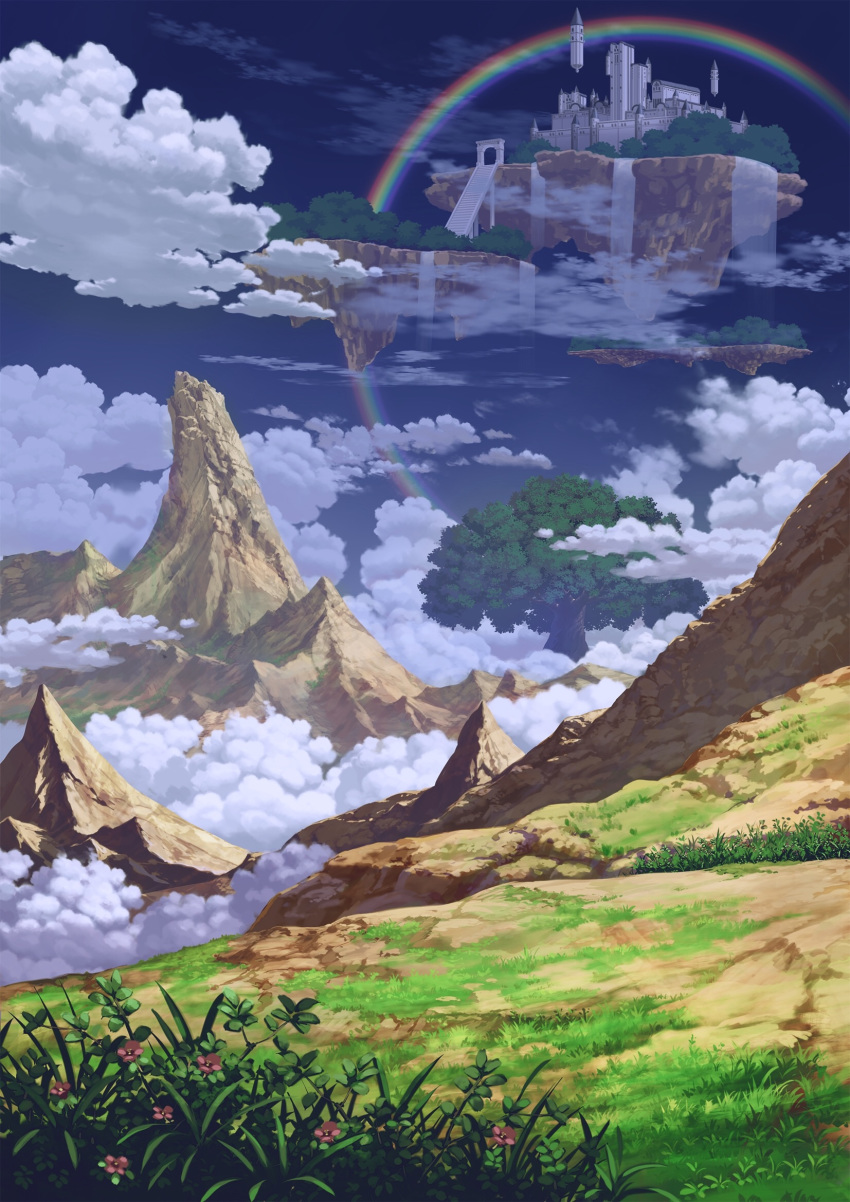 blue_sky castle cloud commentary_request day fantasy floating_castle floating_island grass highres mitsu_ura mountain no_humans original outdoors rainbow scenery sky tree