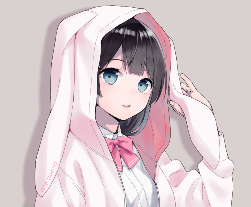 animal_hood aqua_eyes black_hair bow bunny_hood character_name dress_shirt hair_ornament hairclip hijiki_(hijikini) hood nijisanji parted_lips pink_bow pink_neckwear pink_ribbon ribbon school_uniform shirt solo tsukino_mito virtual_youtuber white_hoodie white_shirt