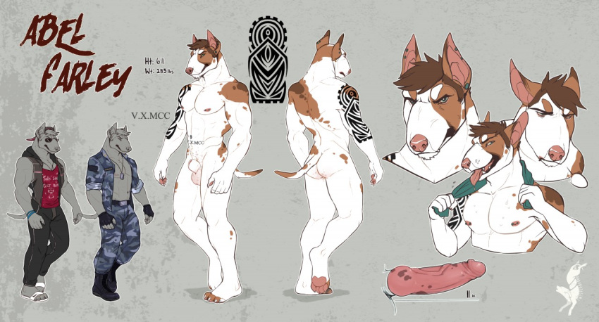 abel_farley_(character) animal_genitalia balls bull_terrier canine clothing dog knot mammal markings military model_sheet muscular penis piercing roman_numerals sheath shirt sweatpants t-shirt tattoo terrier twistedhound uniform