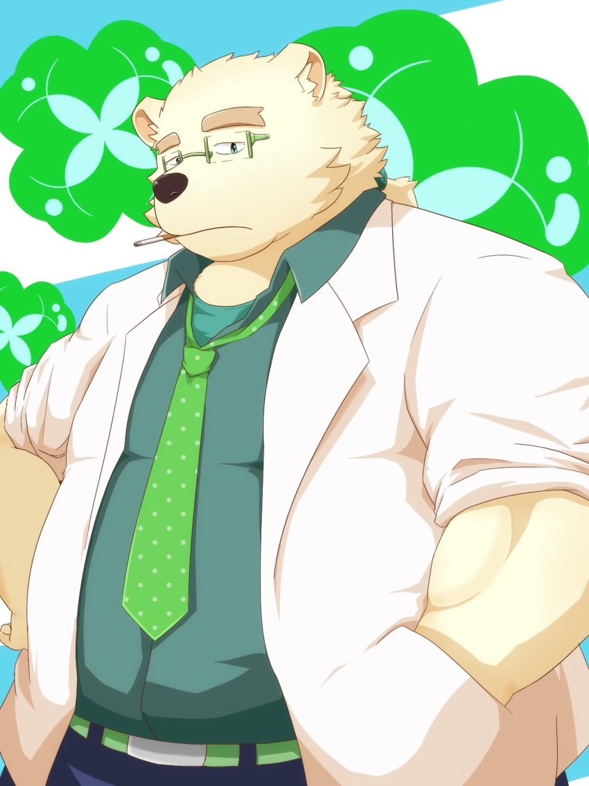 2017 anthro bear belly cigarette clothed clothing fur male mammal otesei pants polar_bear rave_(housamo) shirt smoking solo tokyo_afterschool_summoners white_fur