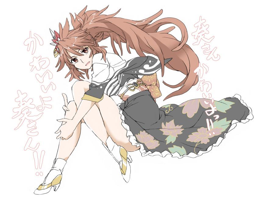 alternate_costume amou_kanade boots brown_eyes brown_hair commentary_request elf_(stroll_in_the_woods) eyebrows_visible_through_hair graphite_(medium) hair_between_eyes high_heel_boots high_heels highres knees_to_chest long_hair looking_at_viewer obi sash senki_zesshou_symphogear senki_zesshou_symphogear_xd_unlimited solo thighs traditional_media translated white_background