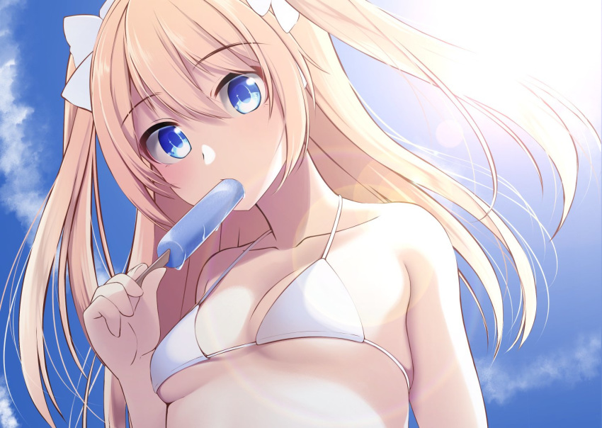 bare_arms bare_shoulders bikini blonde_hair blue_background blue_eyes breasts cloud collarbone commentary_request day eating eyebrows_visible_through_hair food hair_between_eyes halterneck holding long_hair looking_at_viewer nekobaka original popsicle small_breasts solo swimsuit two_side_up underboob upper_body white_bikini