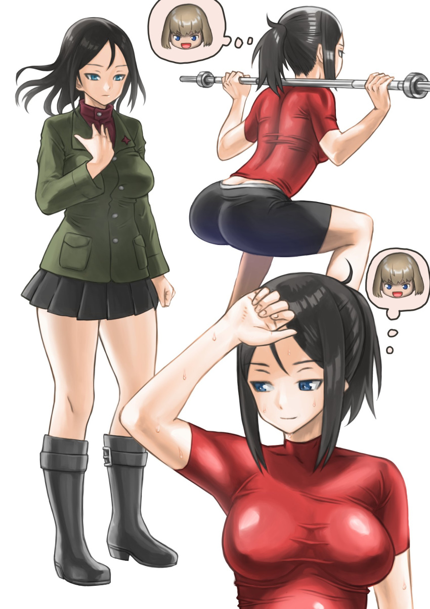 alternate_footwear alternate_hairstyle ass back bangs barbell bike_shorts black_footwear black_hair black_skirt blonde_hair blue_eyes boots breasts clenched_hand closed_mouth commentary emblem girls_und_panzer green_jacket hair_up hand_on_own_chest highres jacket katyusha large_breasts light_frown light_smile long_hair long_sleeves looking_to_the_side miniskirt multiple_views nonna pleated_skirt pravda_school_uniform red_shirt school_uniform shirt short_ponytail short_sleeves skirt squatting standing sweat swept_bangs thought_bubble tight_shirt turtleneck weightlifting wind wiping_forehead yamano_rita